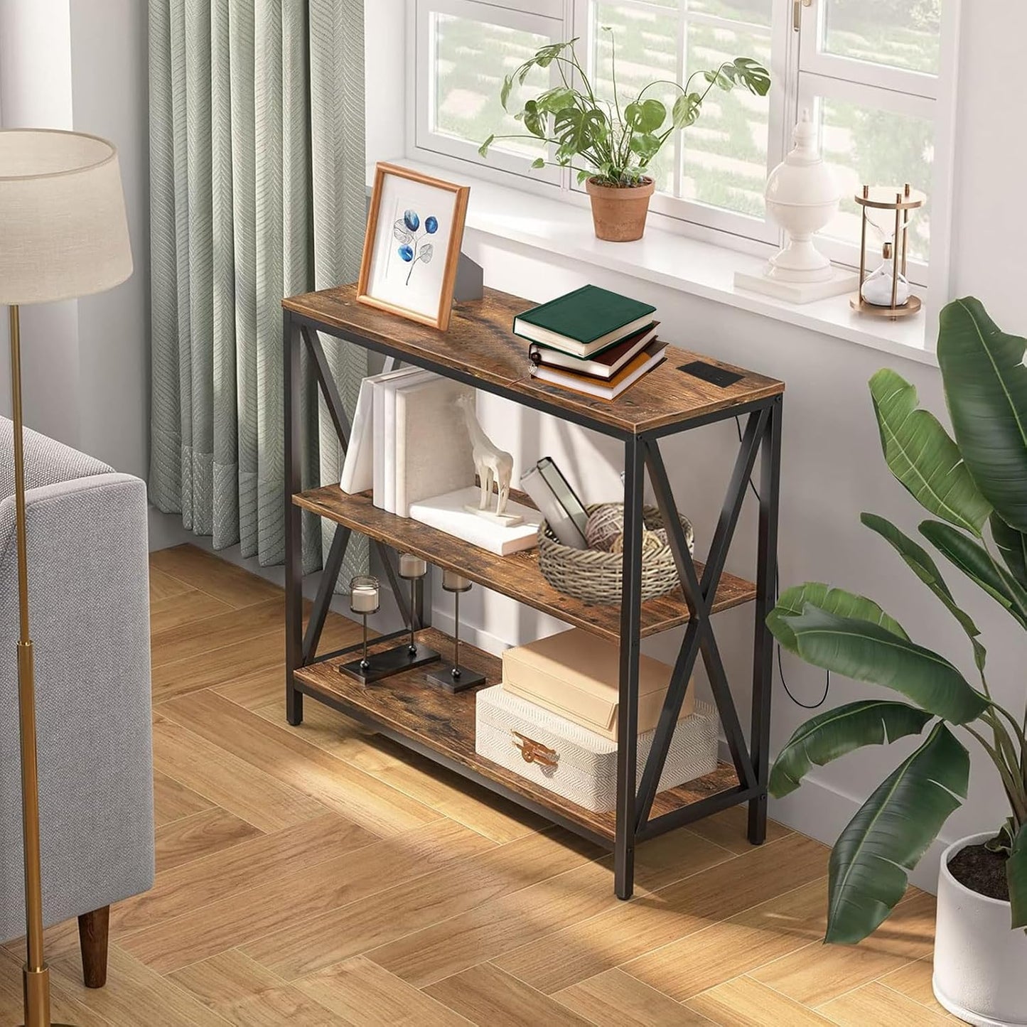 AnneFish Adjustable 3-Tier Console Table, 100x35cm, Charging Port, Ideal for Entryway, Sideboard, Coffee Corner, Hallway