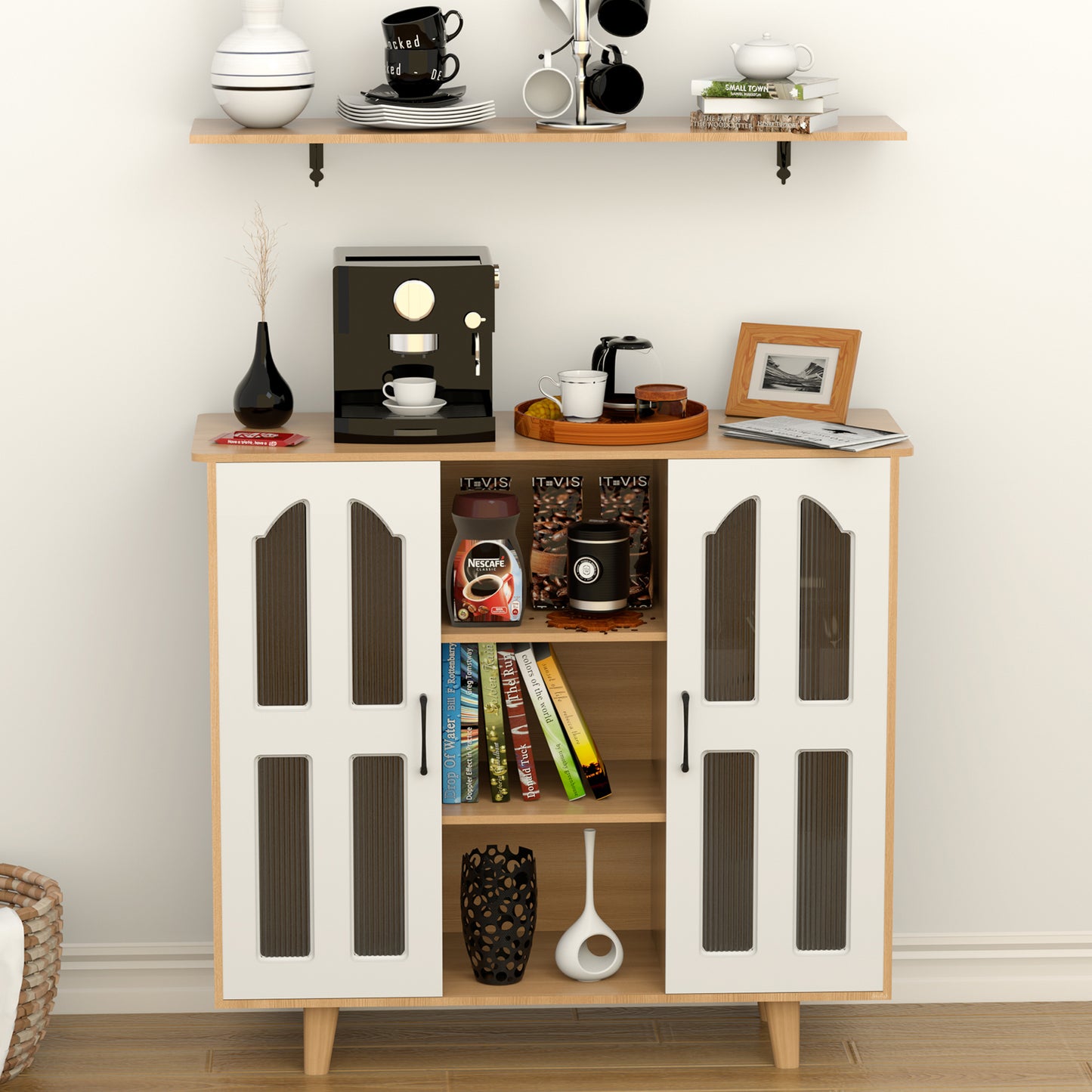 Multipurpose Coffee Corner Cabinet, Kitchen Bakers, Wooden Spice Rack and Cup Hanging, Perfect for Living Room, Kitchen, Office